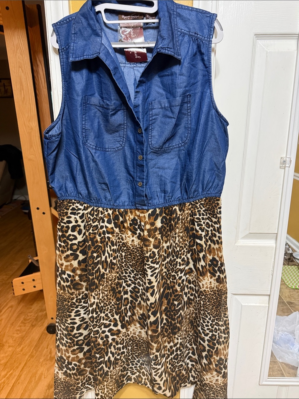 Denim-Look Chambray Top with Leopard Print Midi Dress